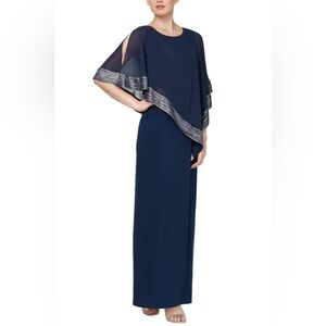 SLNY ATTACHED CHIFFON CUTOUT CAPE OVERLAY LONG EVENING DRESS - Navy
